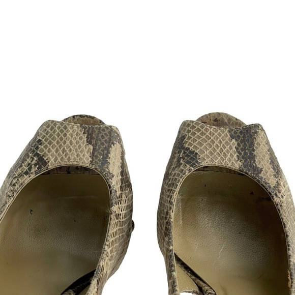 STUART WEITZMAN IRIDESCENT SNAKESKIN PEEP TOE WOOD HEEL PLATFORM HEELS - Picture 9 of 12